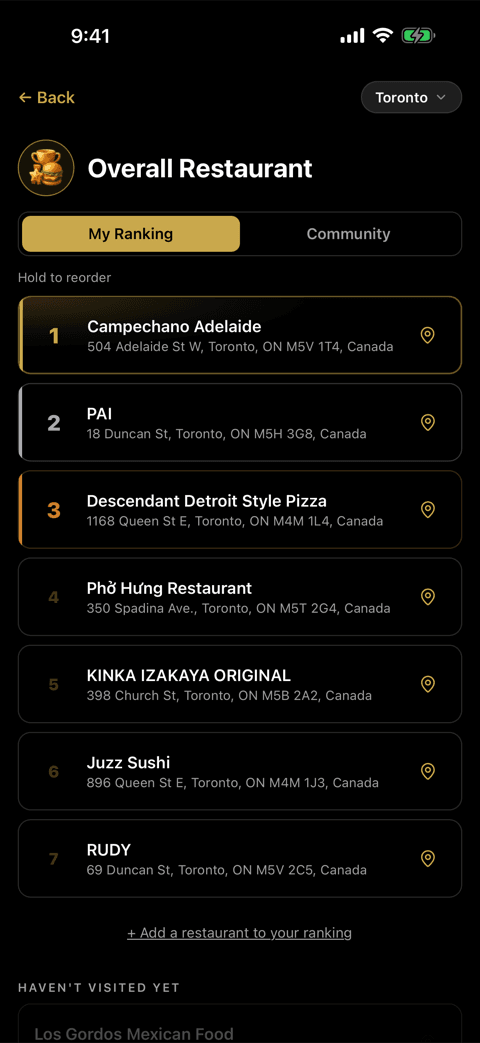 RankIt app best dishes ranking screen